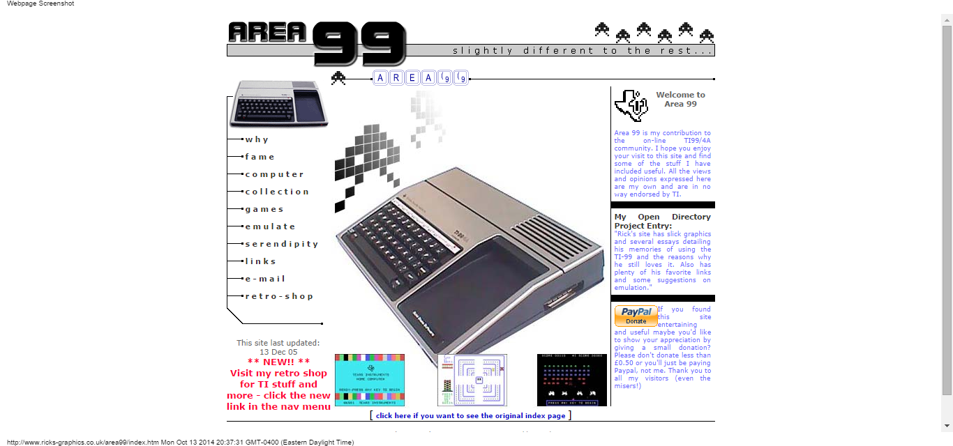 Details : Area 99, Rick Liddell's Texas Instruments TI99/4A site.